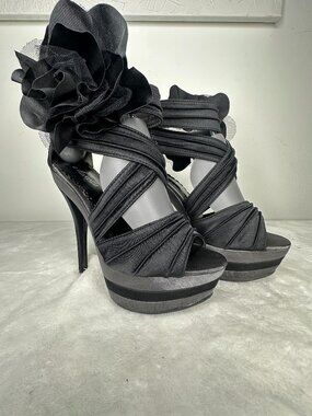 Mascotte Black & Grey Satin Ruffle Flower Strappy Platforms Heels - Size 8